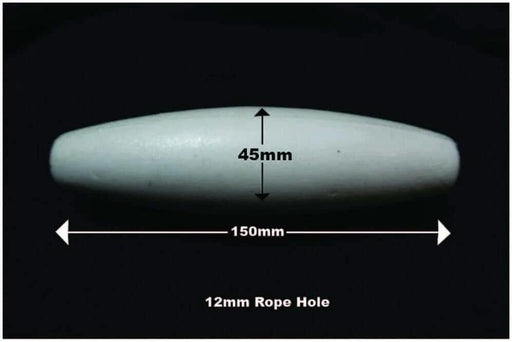 EVA Whisper net float F150 showing dimensions of 150mm length, 45mm width, and 12mm rope hole.