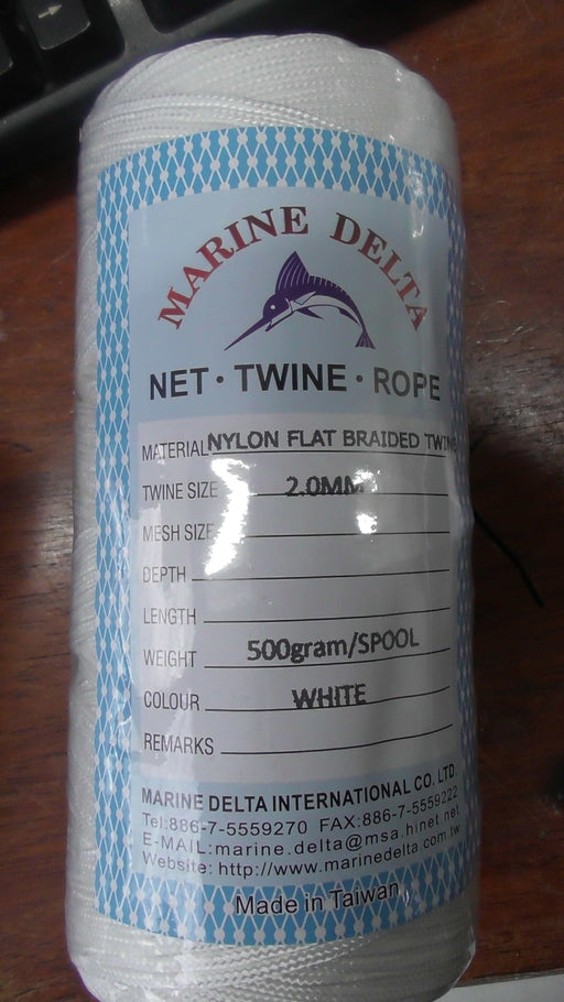 500gram Spool 2.0mm White Nylon Flat Braid in packaging, showcasing its features and specifications.