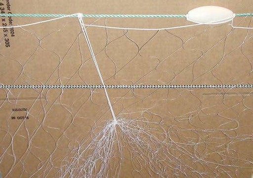 Flounder Net with mono mesh and floats, showcasing detailed construction and braided lead core rope.