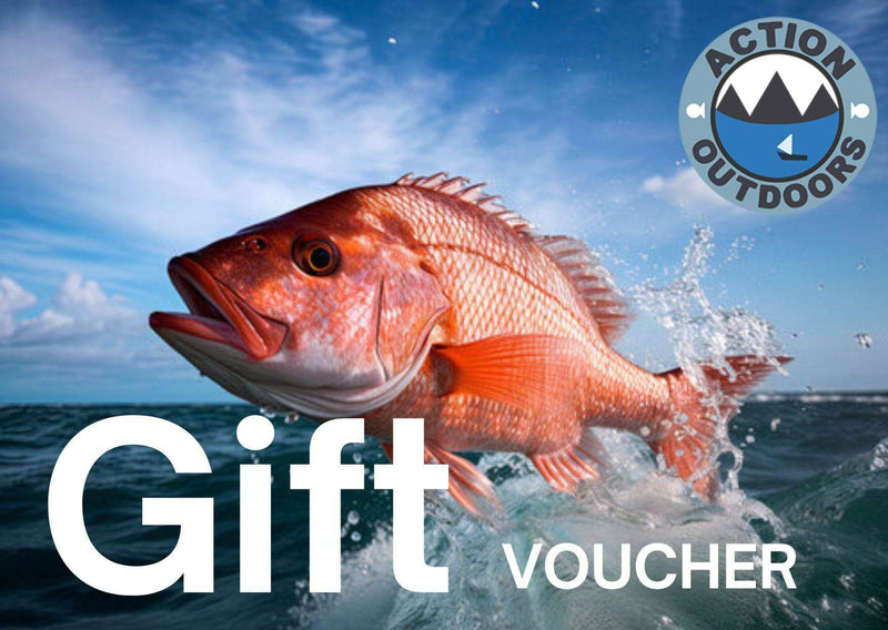 Action Outdoors Kiwi Gift Card featuring a vibrant fish and the text 'Gift Voucher'