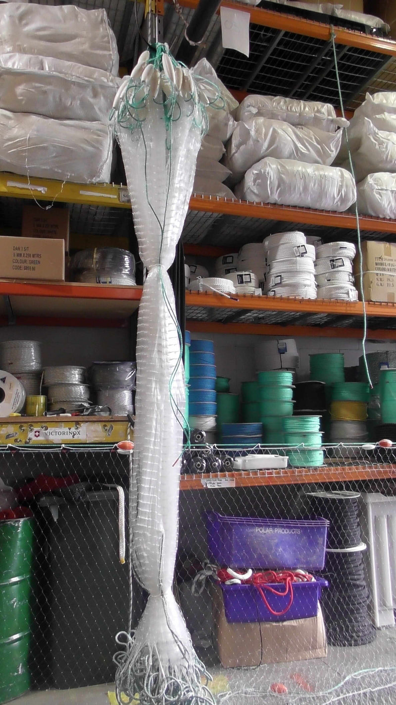 Strong 2-inch x 0.60mm  Pacific island net 30m 40m 60m 100m displayed in warehouse with various fishing supplies.