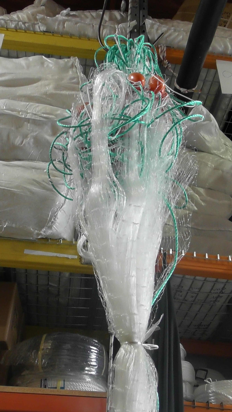 Mullet Nets Mono 20m 30m 40m 50m 60m 100m 90mm & 100mm hanging in stock at a fishing supplies store.