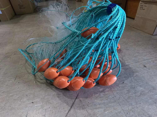 Butterfish Fishing Net 4.25(108mm) 25md - Clear Mesh with orange floats and blue rope ready for use.