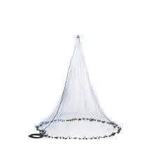 4ft radius white cast net  1/2 inch Mesh USA Style hanging above a white background.