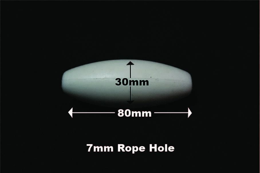 EVA White 35 gram Floatation Fishing Net Float dimensions showing 80mm length and 30mm height with a 7mm rope hole.
