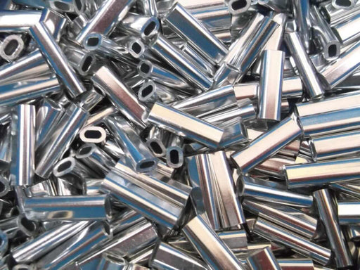 2mm x 100 pcs Alli Crimps Size E, shiny metal crimps with 2.0mm inner diameter and 18mm length.