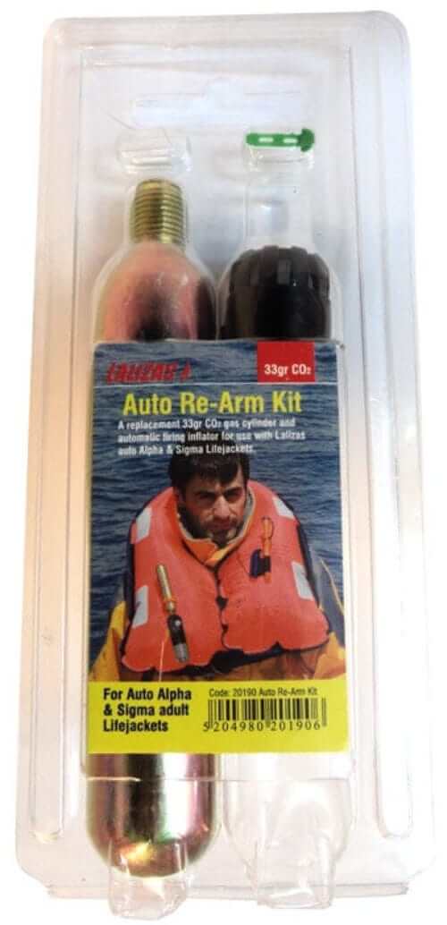 Auto Re-arm Kit for Adult Lifejacket in packaging, includes CO₂ cylinder and activation cartridge