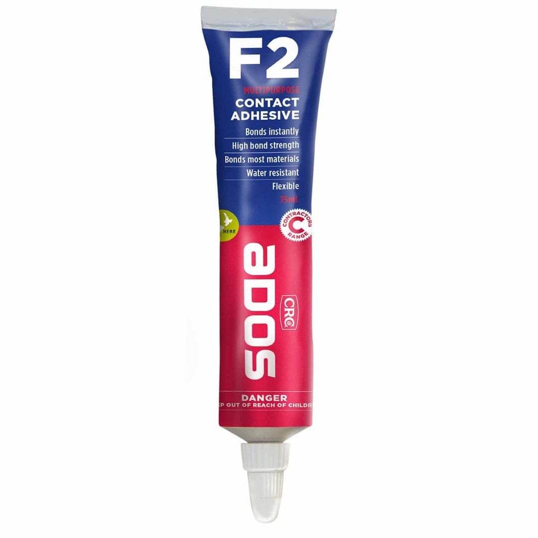 CRC F2 Contact Adhesive Tube 75ml featuring high bond strength and water-resistant properties.