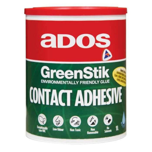 ADOS Greenstik Contact Adhesive 1L environmentally friendly glue with low VOC and non-toxic properties.