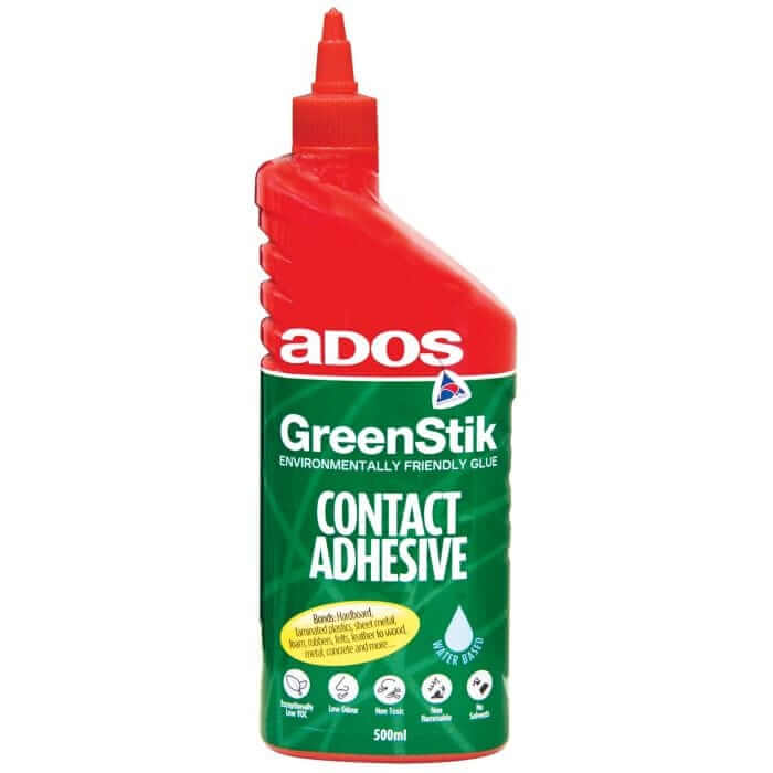 ADOS Greenstik Contact Adhesive 500ml 8256 product packaging showcasing environmentally friendly glue features.