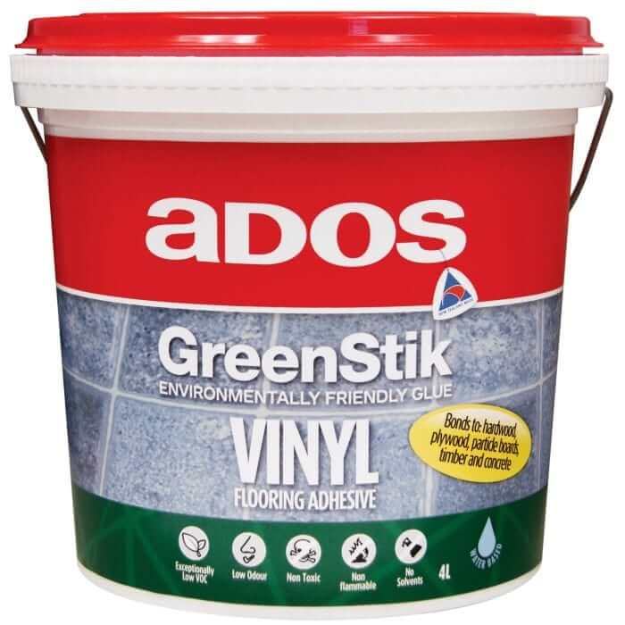 ADOS Greenstik Vinyl Adhesive 4L bucket with environmentally friendly features, suitable for flooring installations.