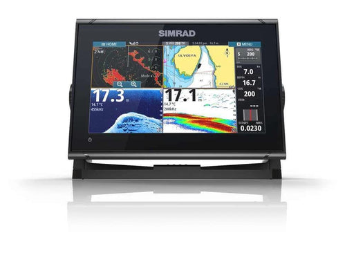 Simrad GO9 XSE with Active Imaging displaying various marine charts and sonar readings on a 9-inch touchscreen.