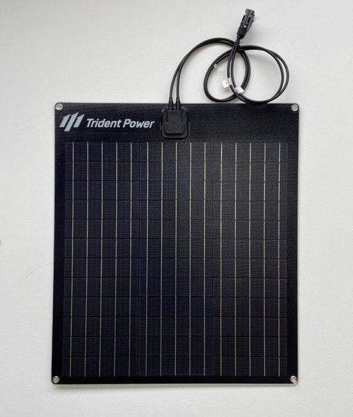 Flexi Solar Panel 50W with Trident Power logo and MC4 connectors for easy setup.