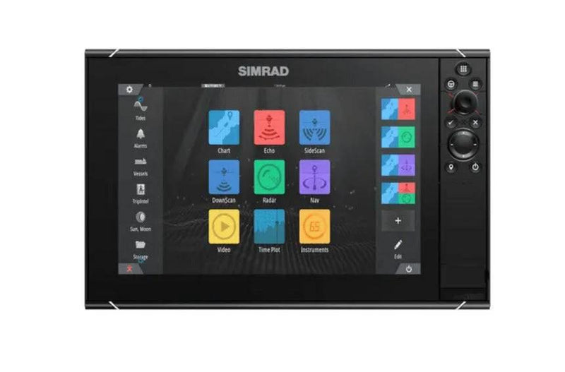 Simrad NSS12 evo3S 12 Inch Display showing touchscreen UI with various control icons and settings.