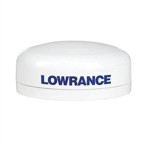 Lowrance Point-1 External GPS Antenna displayed from a top view, showcasing its sleek white design.