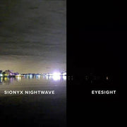 Comparison image showing visibility with Sionyx Nightwave Camera versus human eyesight in low light.