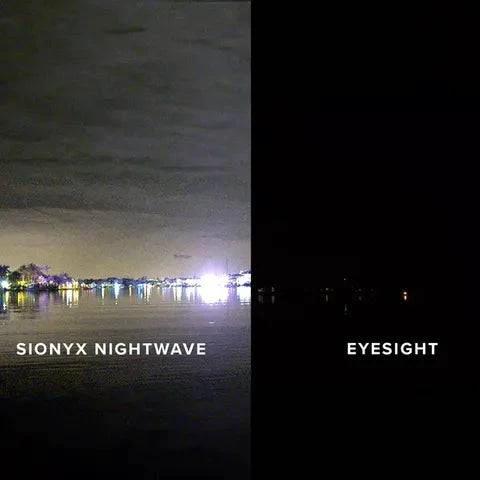 Comparison image showing visibility with Sionyx Nightwave Camera versus human eyesight in low light.
