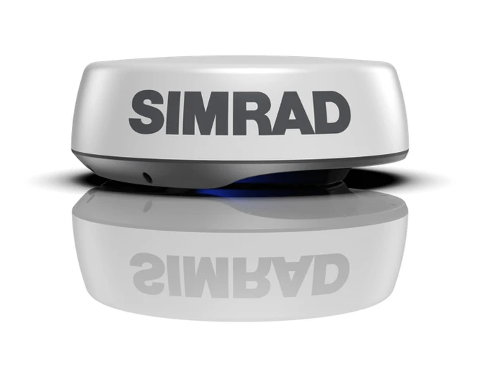 Simrad HALO 24 RADAR dome radar unit with sleek design and reflective surface.