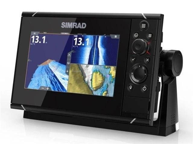 Simrad NSS7 evo3 7inch Multifunction Display showcasing dual screens with navigation features and touch controls.