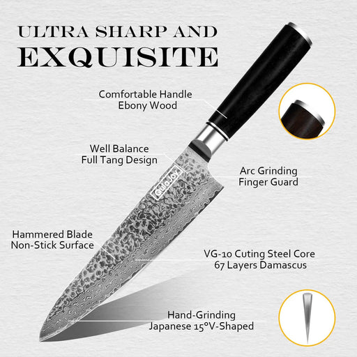 Qulajoy 7 Inch Santoku Knife- Ultra Sharp Japanese 67 Layers Damascus VG-10 Steel Core - Professional Hammered Chef Knife - Ergonomic G10 Handle With Sheath - Chef by China Dropship