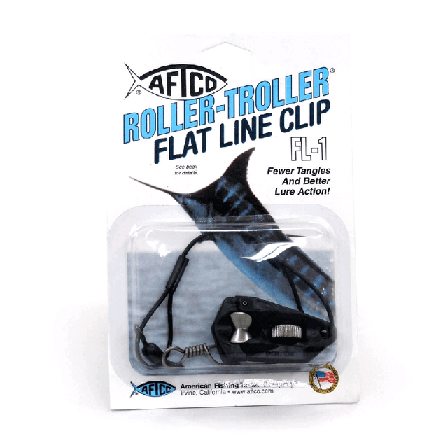AFTCO Clip Flat Line FL1 - In Store packaging showcasing Roller Troller Flat Line Clip with fewer tangles and better lure action.