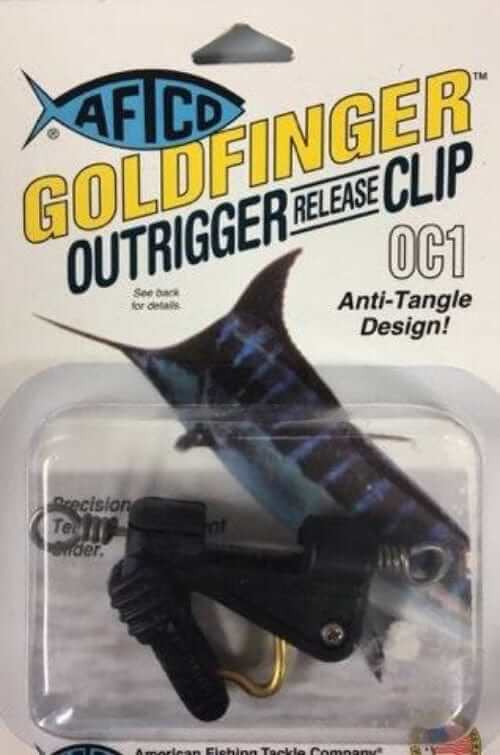 Aftco Goldfinger Outrigger Release Clip OC1 packaging showcasing precision tension-adjustment slider and anti-tangle design.
