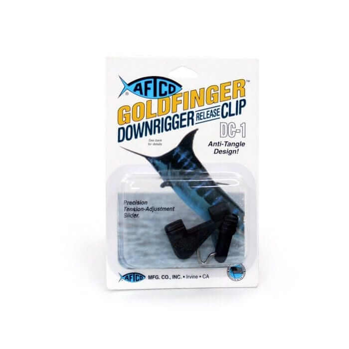 AFTCO Clip Goldfinger Downrigger DC1 packaging showcasing precision tension-adjustment slider design.