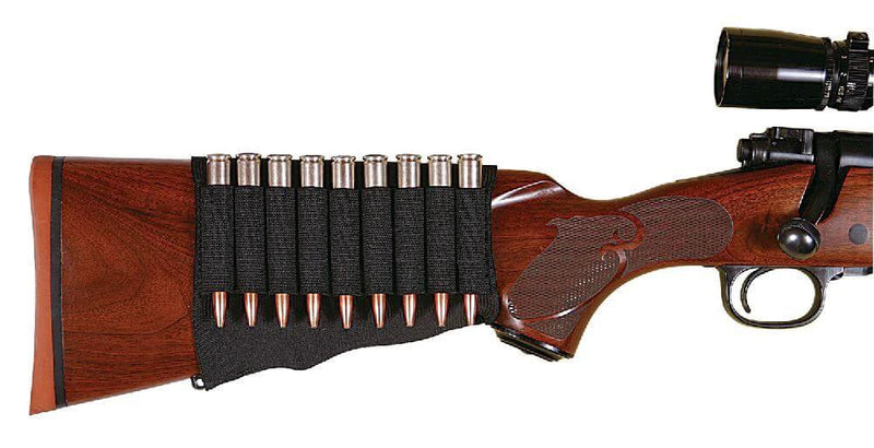 Allen Buttstock Holder – 9 Rifle Cartridges mounted on a wooden rifle stock with cartridges in elastic holder.