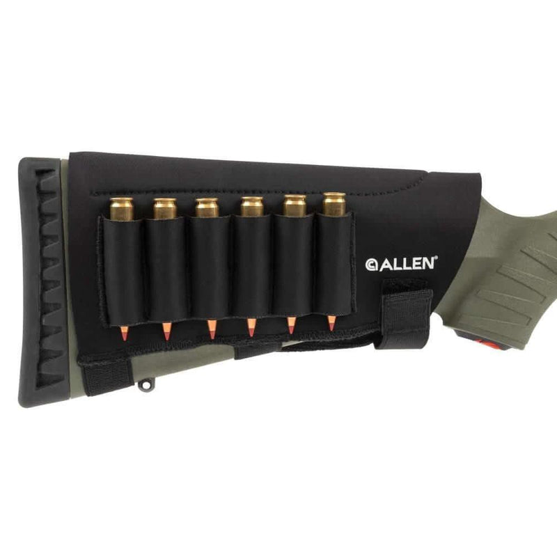 Allen Buttstock Shell Holder – Mesa Neoprene attached to rifle, holding six cartridges for easy access.