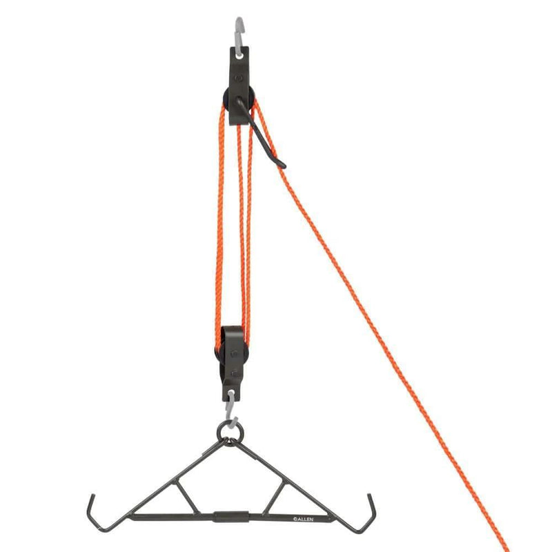 Allen Gambrel And Hoist, Takedown, 500 Lbs with heavy-duty steel construction and two pulley hoist setup.