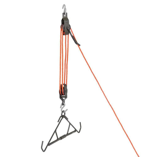 Allen Gambrel And Hoist, Takedown, 500 Lbs - Heavy-duty steel construction with dual pulley hoist.