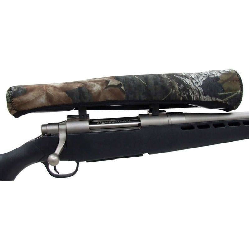Allen scope cover for 15-inch scopes x 56mm LG on rifle, reversible camo design.