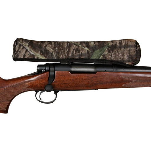 Allen Scope Cover For Scopes Up To 12″ L x 44mm M on a wooden rifle, showcasing reversible camo design.