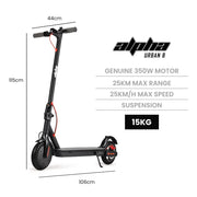 SportZone.co.nz Sports & Fitness > Scooters, Hoverboards & Accessories > Electric Scooters ALPHA Urban 8 Electric Scooter | Suspension & 25km Range | Adult eScooter NZ ALPHA Urban 8 Electric Scooter | Suspension & 25km Range | Adult eScooter NZ