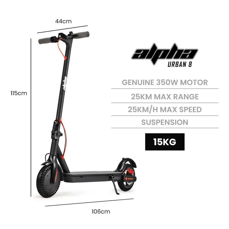 SportZone.co.nz Sports & Fitness > Scooters, Hoverboards & Accessories > Electric Scooters ALPHA Urban 8 Electric Scooter | Suspension & 25km Range | Adult eScooter NZ ALPHA Urban 8 Electric Scooter | Suspension & 25km Range | Adult eScooter NZ