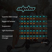 SportZone.co.nz Sports & Fitness > Scooters, Hoverboards & Accessories > Electric Scooters ALPHA Urban 8 Electric Scooter | Suspension & 25km Range | Adult eScooter NZ ALPHA Urban 8 Electric Scooter | Suspension & 25km Range | Adult eScooter NZ