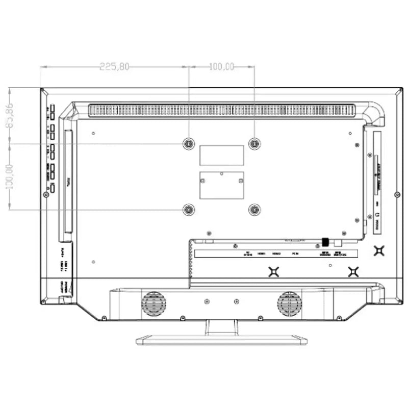 Alphatronics 24" Television rear view diagram with dimensions and connection ports.