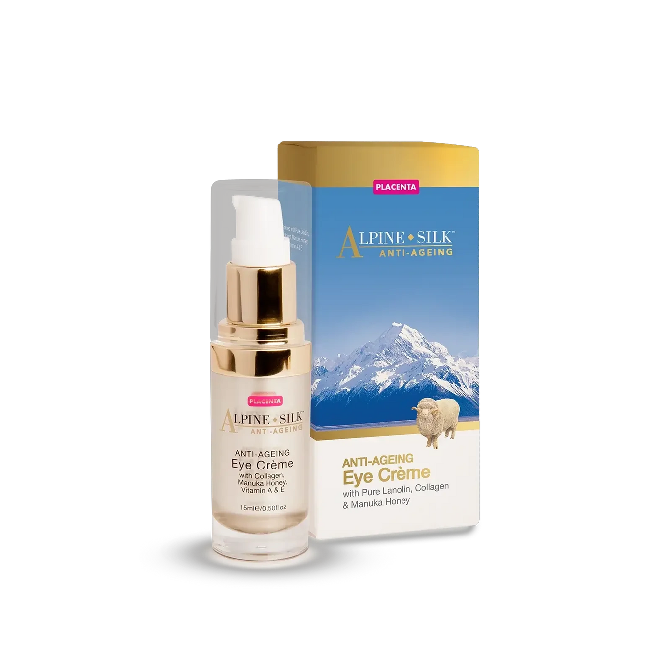 Alpine Silk Anti-Ageing Eye Cream 15ml in packaging with natural ingredients for fine line reduction.