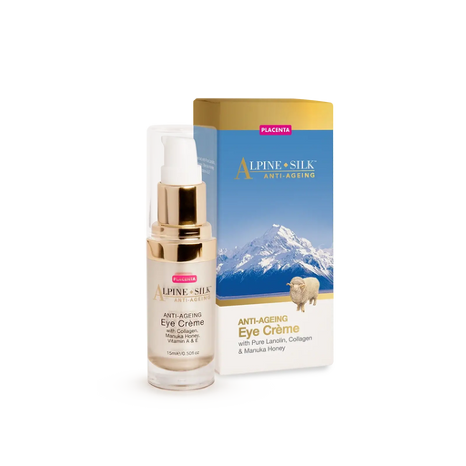 Alpine Silk Anti-Ageing Eye Cream 15ml in packaging with natural ingredients for fine line reduction.