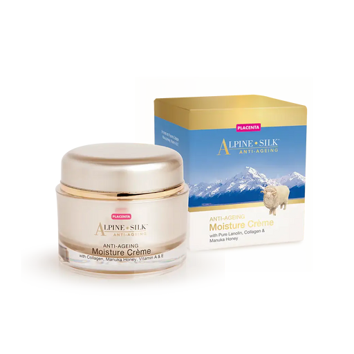 Alpine Silk Anti-Ageing Moisture Cream 50g jar with box featuring plant placenta and manuka honey.