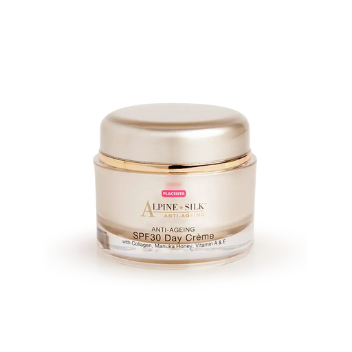 Alpine Silk Anti-Ageing SPF30 Day Cream 50g in a glass jar, featuring a gold lid and branding.