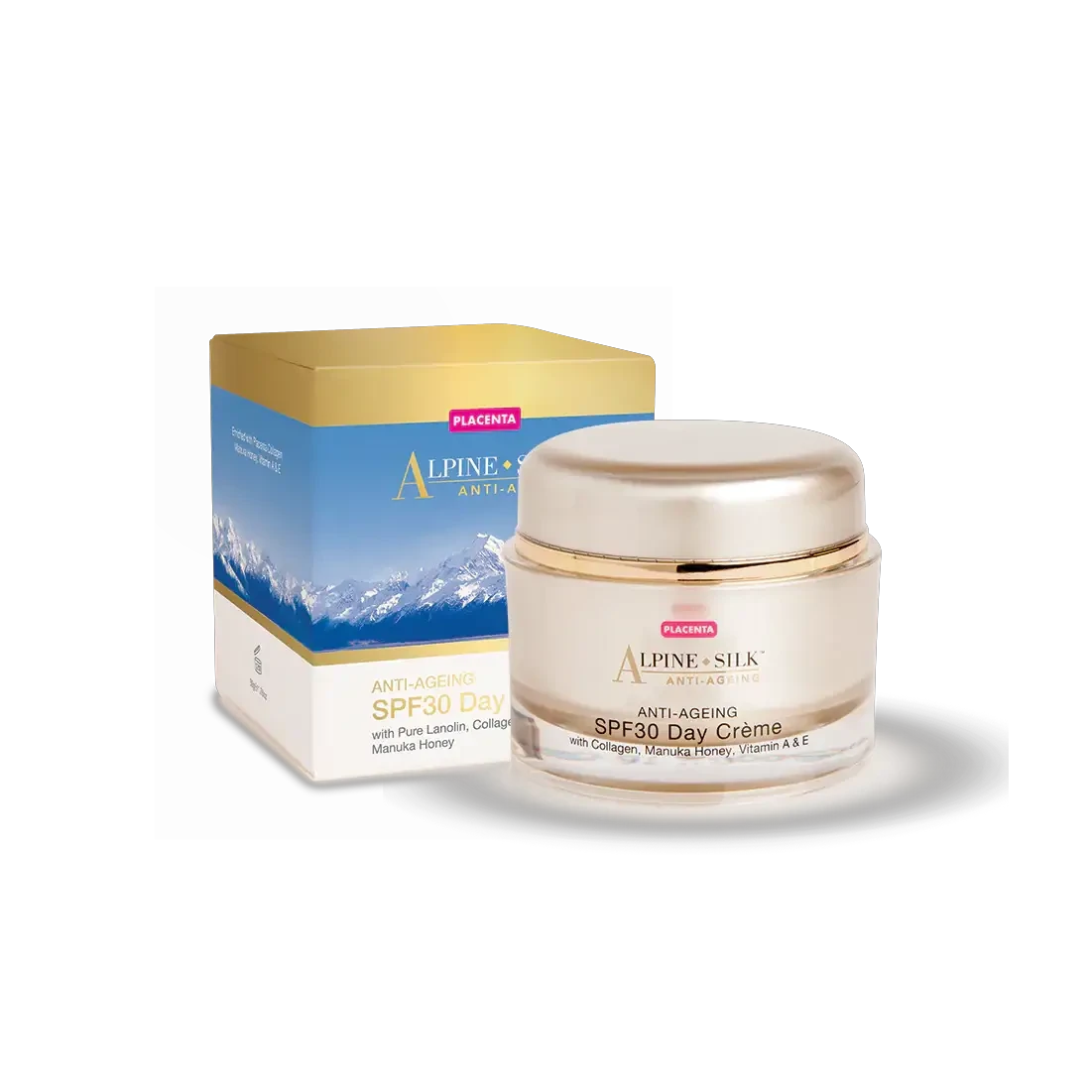 Alpine Silk Anti-Ageing SPF30 Day Cream 50g jar and box with mountain backdrop.