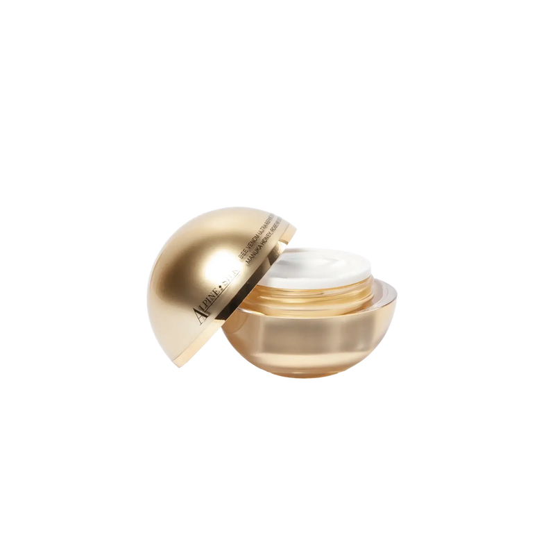 Alpine Silk Bee Venom Eye Cream 30g in a gold jar with lid, showcasing its luxurious design and eye cream product.