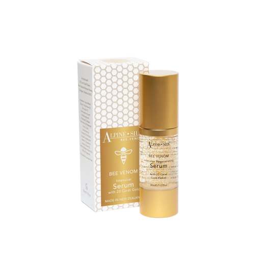 Alpine Silk Bee Venom Serum 30ml in a gold and white box, featuring 23 Carat Gold flakes for skin rejuvenation.