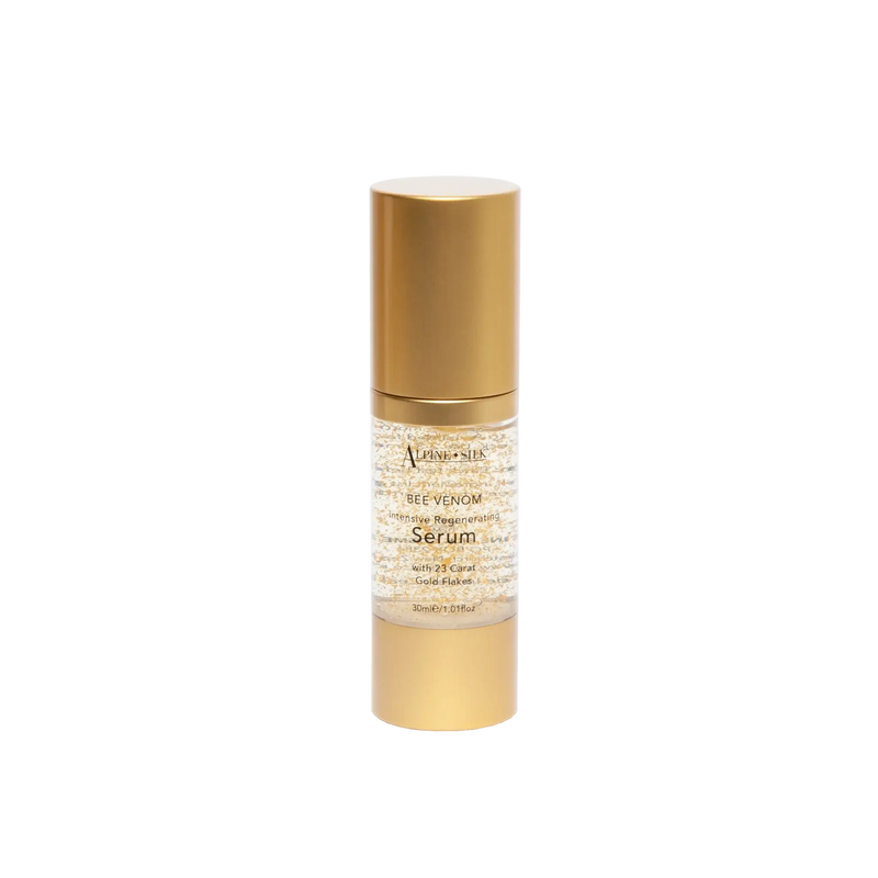 Alpine Silk Bee Venom Serum 30ml in a sleek golden container with gold flakes for youthful skin rejuvenation.