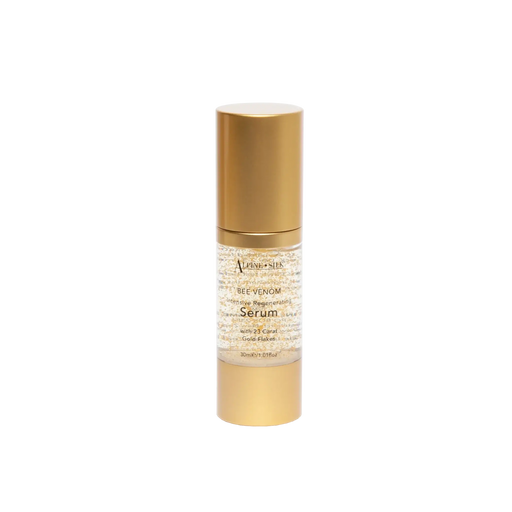 Alpine Silk Bee Venom Serum 30ml in a sleek golden container with gold flakes for youthful skin rejuvenation.