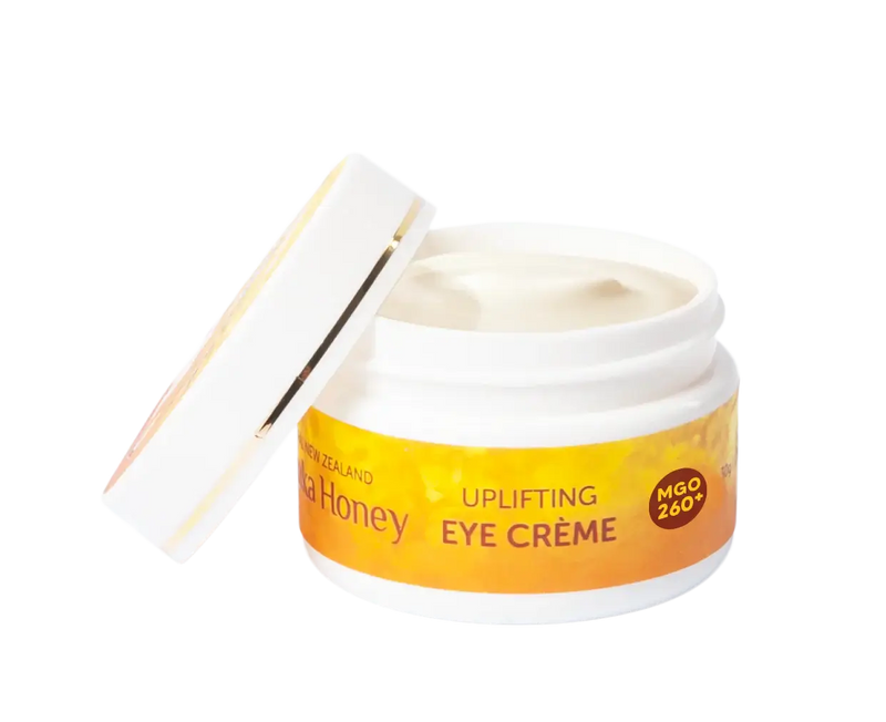 Alpine Silk Manuka Honey Eye Cream 30g in a jar with a colorful label, showcasing its nourishing eye treatment.