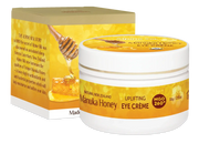 Alpine Silk Manuka Honey Eye Cream 30g in a jar with packaging featuring honey and natural ingredients.