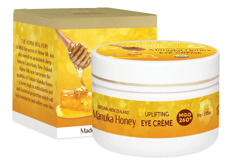 Alpine Silk Manuka Honey Eye Cream 30g in a jar with packaging featuring honey and natural ingredients.
