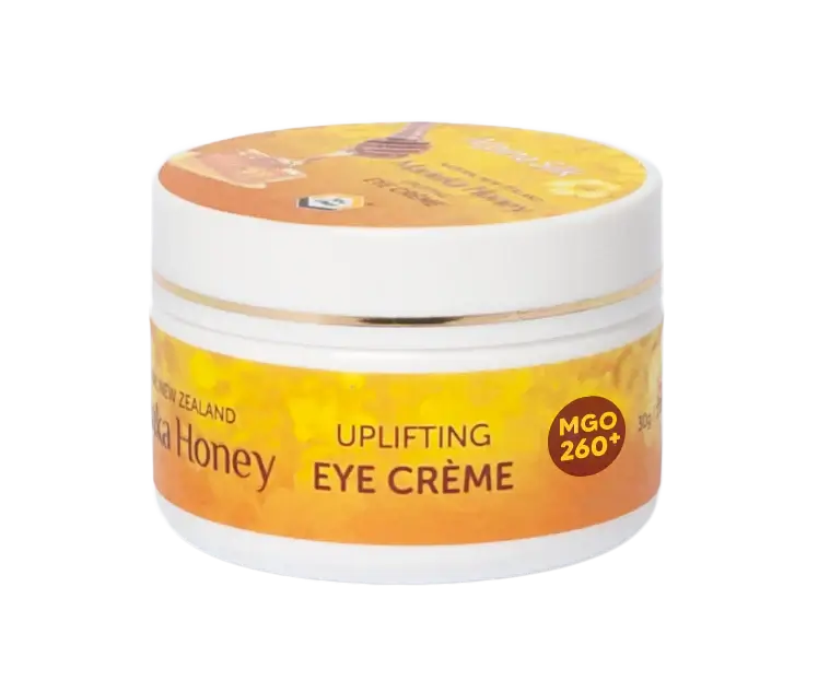 Alpine Silk Manuka Honey Eye Cream 30g jar with uplifting eye crème label, featuring UMF Manuka Honey.